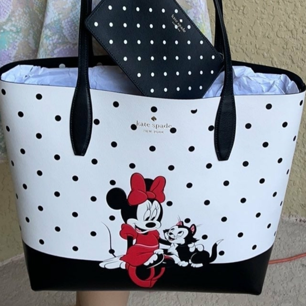NWT KATE SPADE DISNEY Minnie Mouse & Figaro Reversible Polka Dot Tote & Pouch - Picture 9 of 16